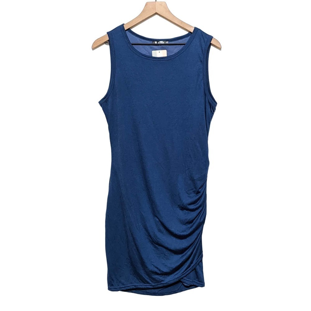 BTFBM Womens Sleeveless Side Ruched Bodycon Tank Dress Size L Blue Sheath NWT